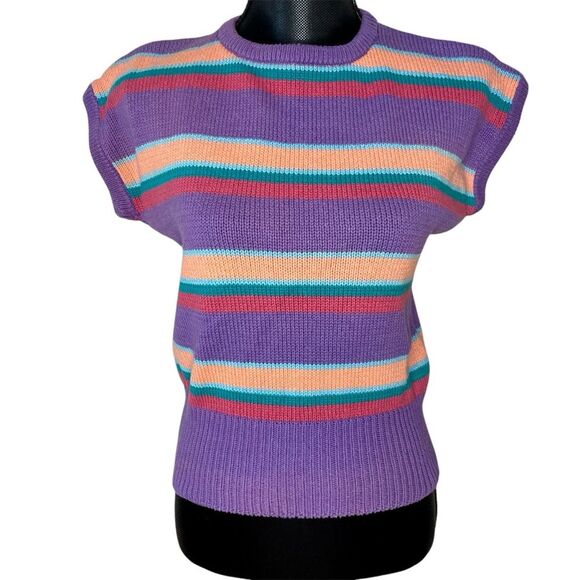Vintage Gloria Vanderbilt Sweater Vest Knit Stripe Short Sleeve Purple Large - Picture 1 of 9
